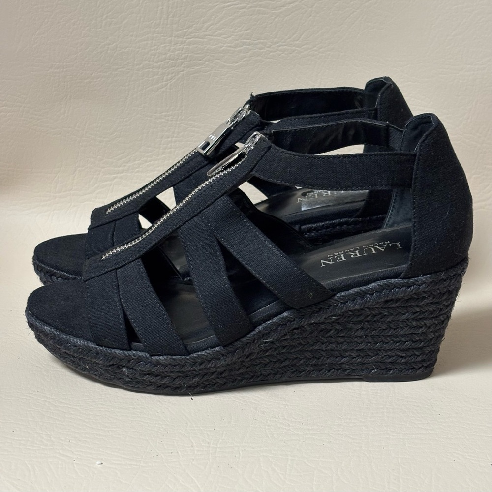 Ralph Lauren Kelcie Fabric Open Toe Casual Espadrille Wedge Sandals  Blk Sz 9